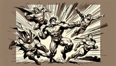Comic book wallpaper design file showing detailed superhero action scene in striking black and white composition