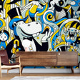 Comic art wallpaper with hippo character brightening up a modern living room with its fun pop art style