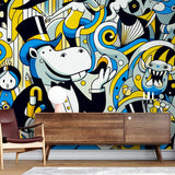 Comic art wallpaper with hippo character brightening up a modern living room with its fun pop art style