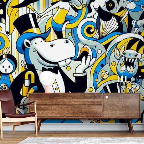 Comic art wallpaper with hippo character brightening up a modern living room with its fun pop art style