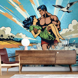 Comic art beach wallpaper creating a fun atmosphere in a modern living room with white furniture and natural light