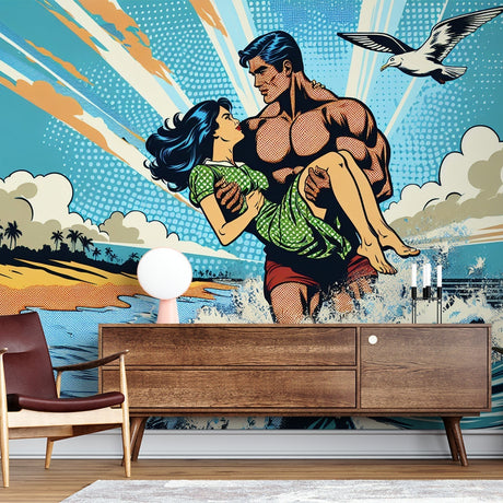 Comic art beach wallpaper creating a fun atmosphere in a modern living room with white furniture and natural light