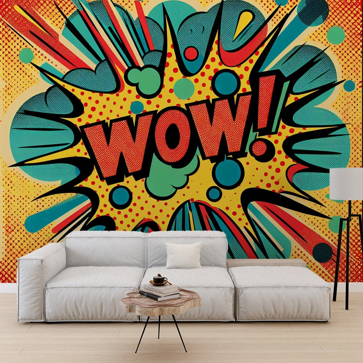 Comic book wallpaper bringing retro pop art style to modern living room, creating a fun accent wall with bold yellow and turquoise tones