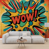 Comic book wallpaper bringing retro pop art style to modern living room, creating a fun accent wall with bold yellow and turquoise tones