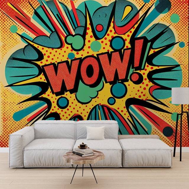 Comic book wallpaper bringing retro pop art style to modern living room, creating a fun accent wall with bold yellow and turquoise tones