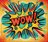 Comic book wallpaper design file showing retro WOW text with classic halftone dots and dynamic composition