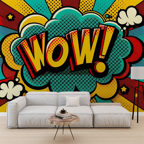 Comic book wallpaper mural bringing vibrant pop art style to a modern gaming room with turquoise and yellow tones
