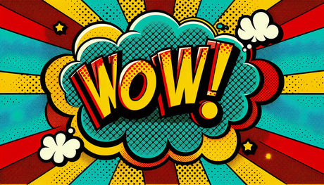 Comic book wallpaper design file showing retro pop art WOW pattern with halftone dots and radiating stripes