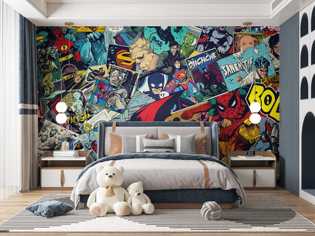 Comic book wallpaper bringing superhero action to a modern teen bedroom, dynamic colors pop against white furniture