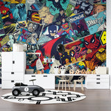Superhero mural wallpaper showcased in a gaming room, creating an immersive comic book atmosphere