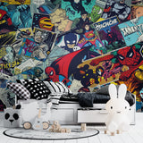 Comic strip wall mural transforming a playroom with bold superhero artwork and vibrant panels