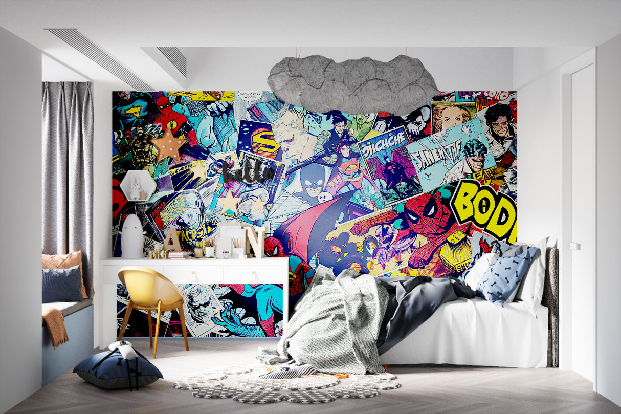 Action hero wallpaper displayed in a home office, adding energy to the workspace