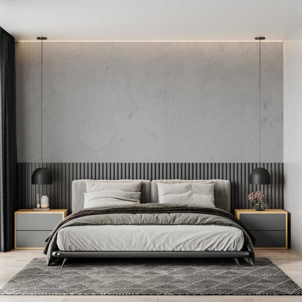 Grey concrete wall mural adding urban style to contemporary bedroom