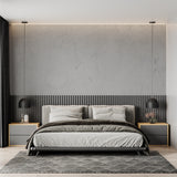 Grey concrete wall mural adding urban style to contemporary bedroom