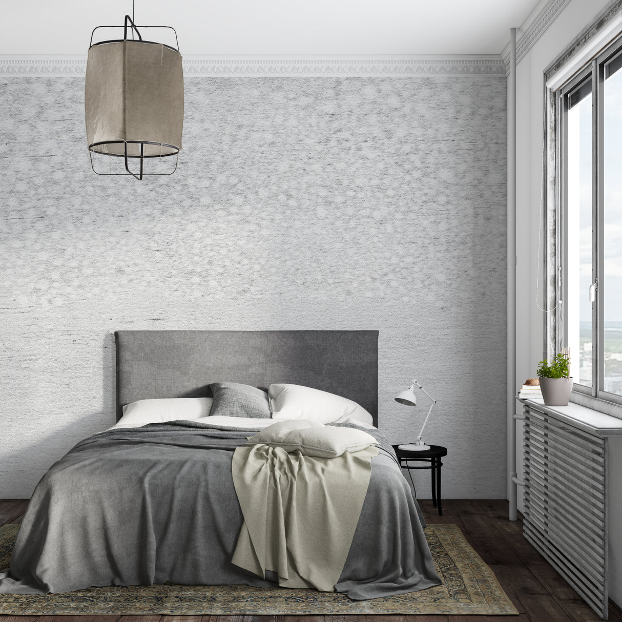 Concrete effect wall mural in contemporary dining room with pendant lights