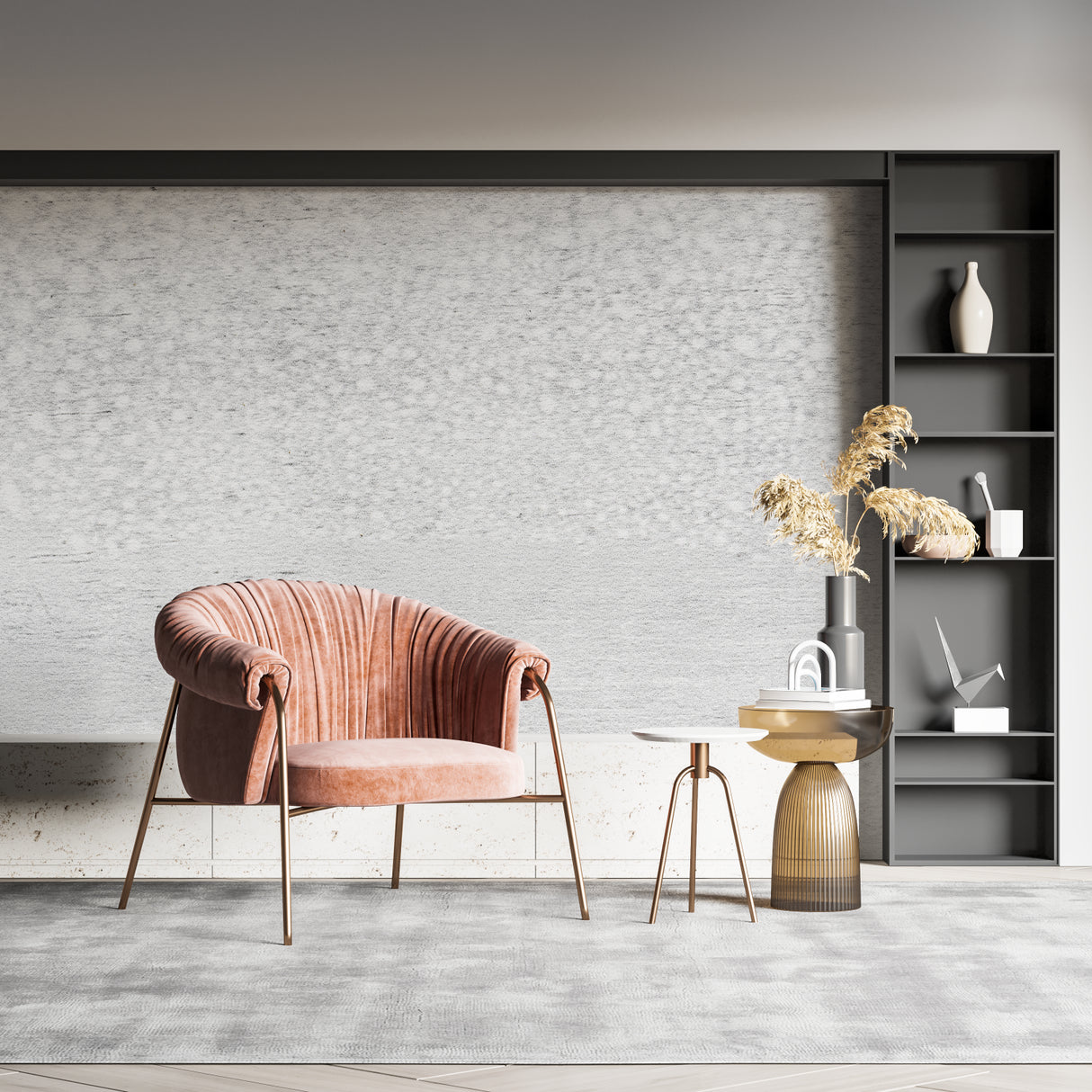 Modern grey concrete wallpaper in urban bedroom setting with metal accents