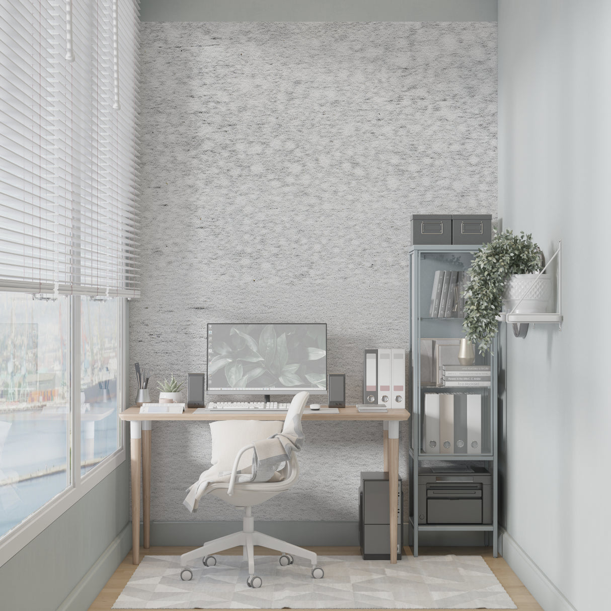 Industrial style bathroom featuring grey concrete effect wallpaper design