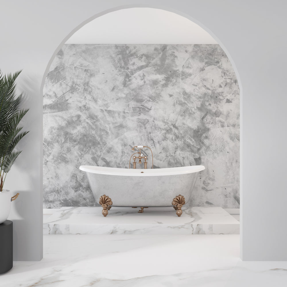 Grey concrete wall mural adding texture to a contemporary bathroom design