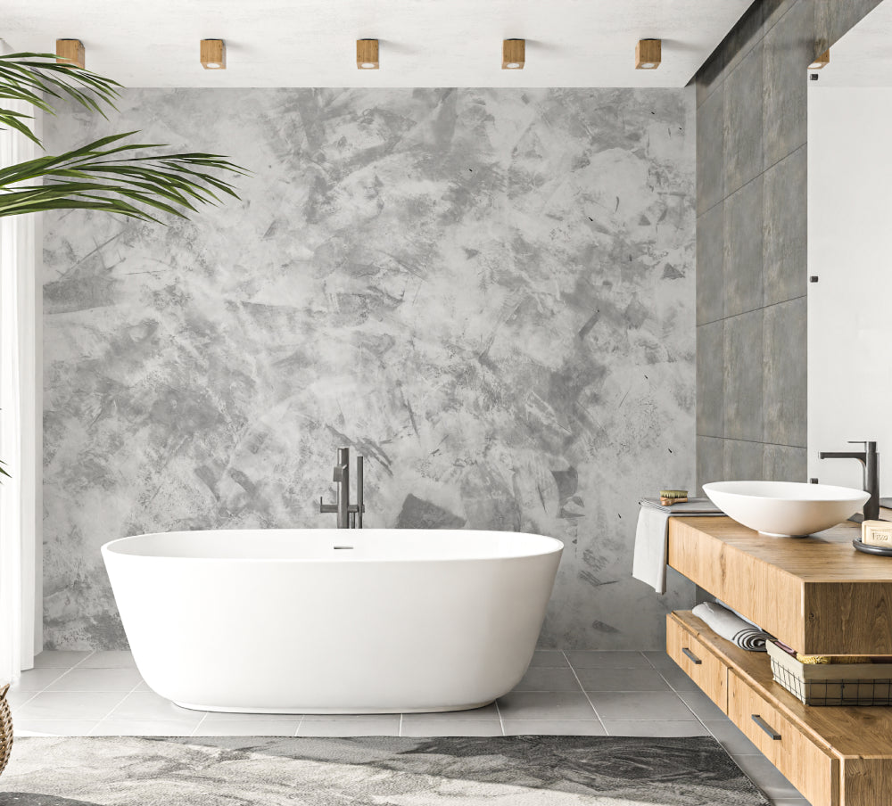 Textured concrete effect wallpaper in an urban dining room setting