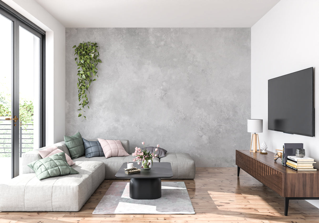 Modern concrete effect wallpaper in minimalist living room showing grey textured surface with natural lighting