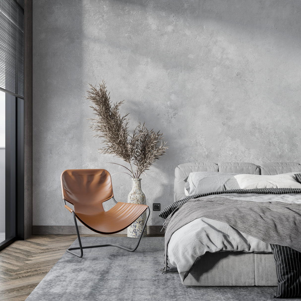 Industrial style concrete wallpaper creating focal wall in contemporary bedroom