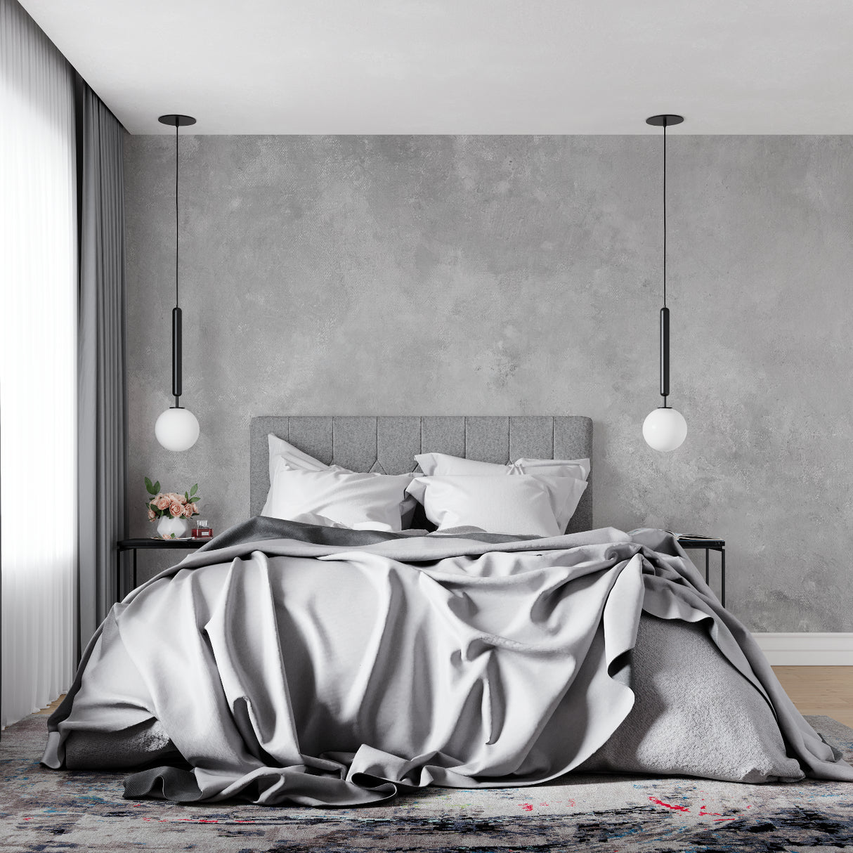Grey concrete effect wall mural in modern home office space with clean lines