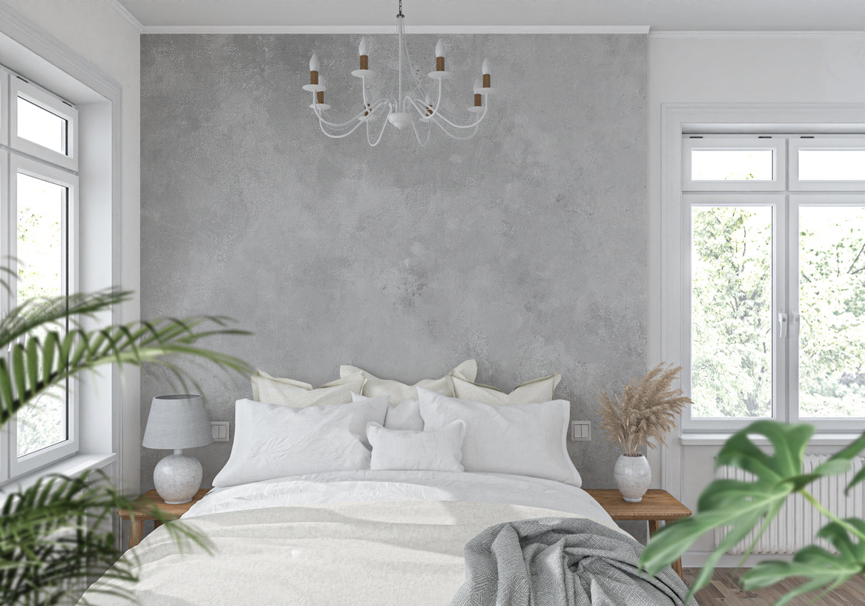 Textured concrete wallpaper application in urban dining room setting