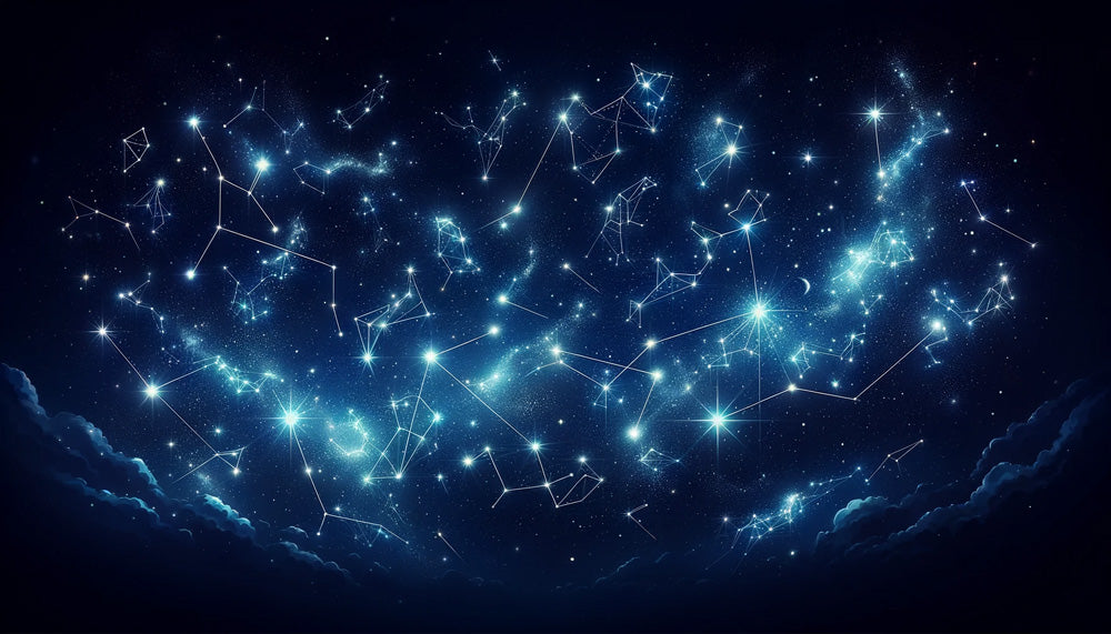 Constellation wallpaper bringing a magical starlit atmosphere to a modern bedroom, soft blue glow illuminating the space