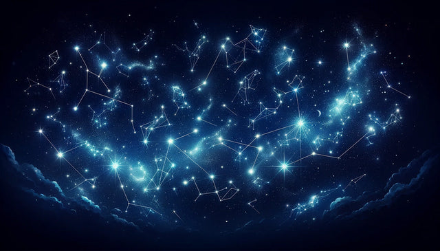 Constellation wallpaper bringing a magical starlit atmosphere to a modern bedroom, soft blue glow illuminating the space