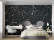 Constellation wallpaper in modern bedroom showing glowing star patterns and colorful celestial details