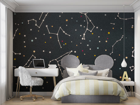 Constellation wallpaper in modern bedroom showing glowing star patterns and colorful celestial details