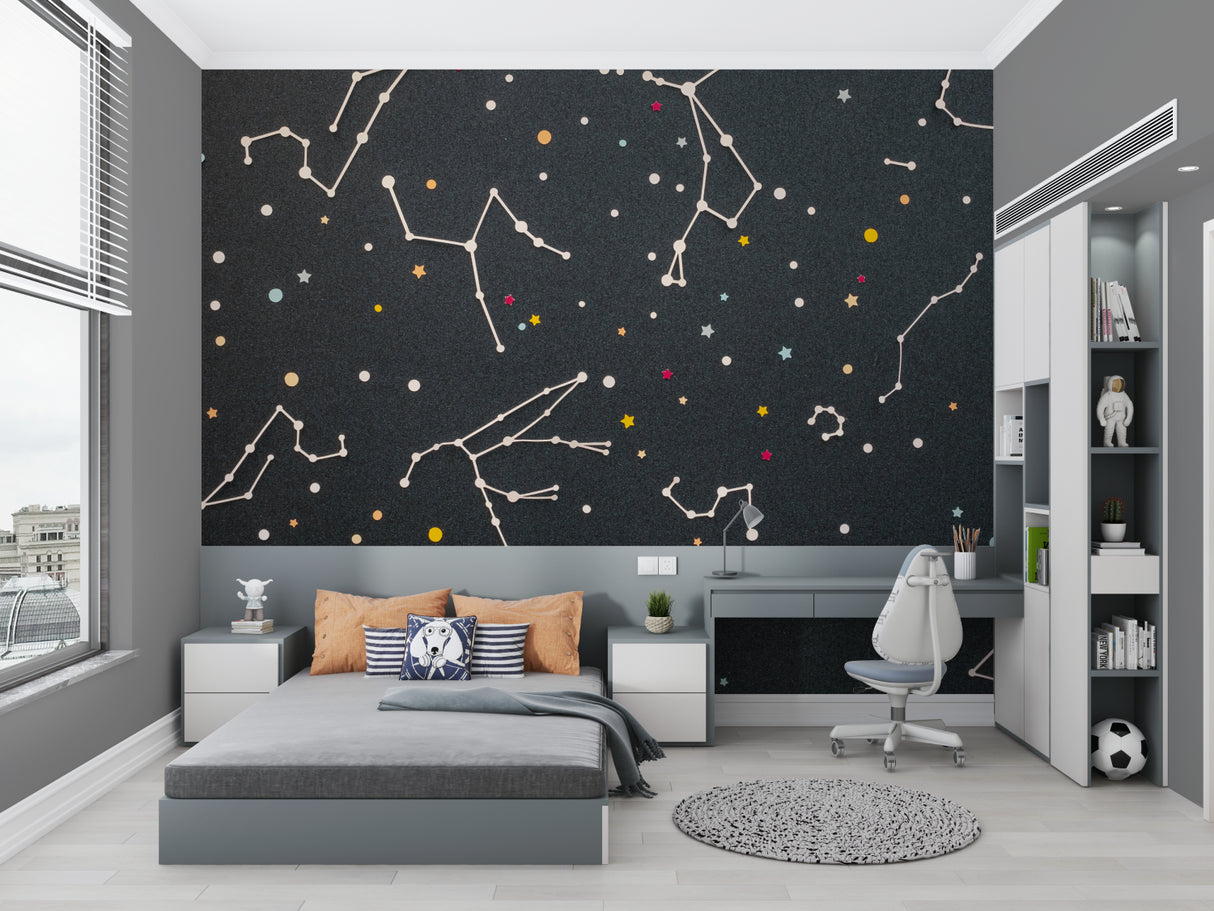 Kids room with constellation mural wallpaper creating magical night sky atmosphere