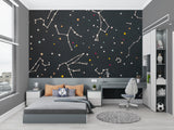 Kids room with constellation mural wallpaper creating magical night sky atmosphere