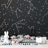 Home office featuring star constellation wallpaper with deep charcoal background