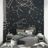 Playroom with celestial wall mural showing colorful star patterns and constellations
