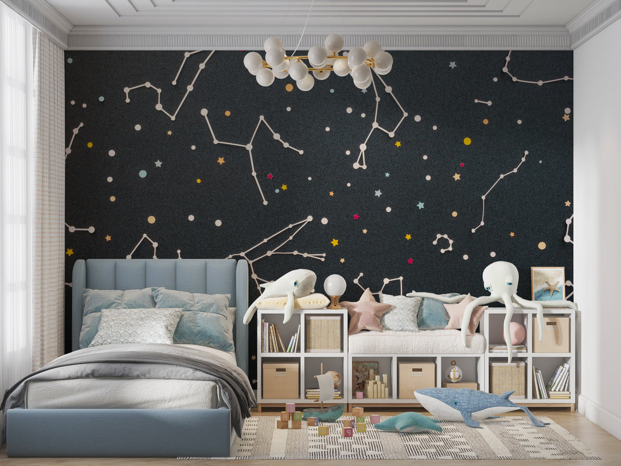 Reading nook with night sky wallpaper creating cozy stargazing space