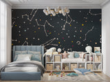 Reading nook with night sky wallpaper creating cozy stargazing space