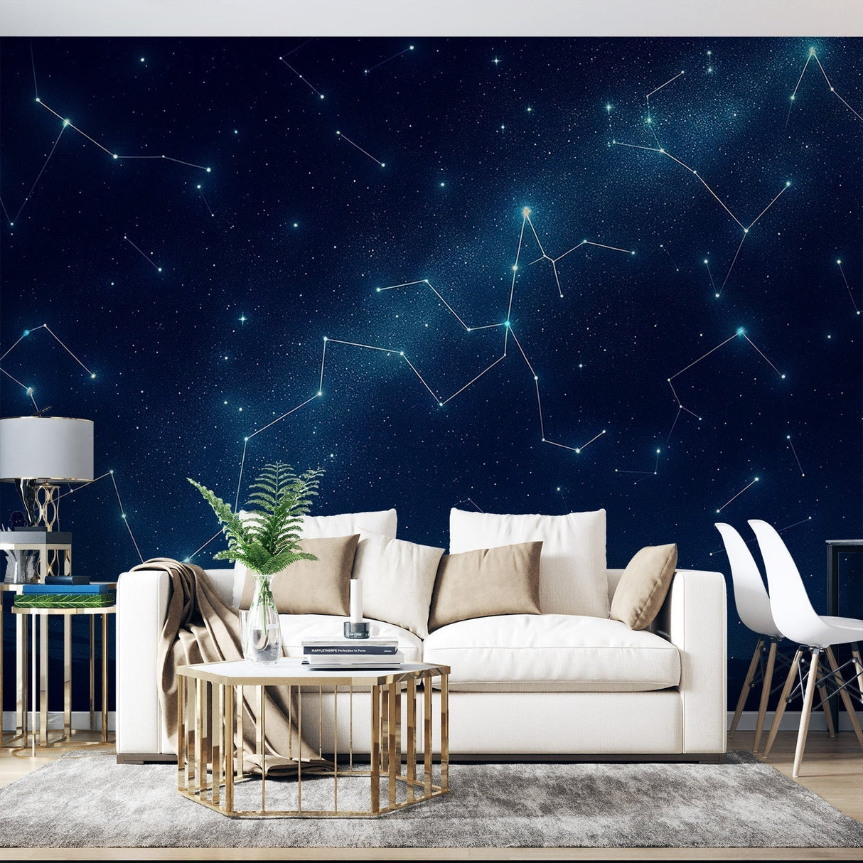 Constellation wallpaper creating a cozy atmosphere in a modern bedroom, with soft lighting highlighting the star patterns
