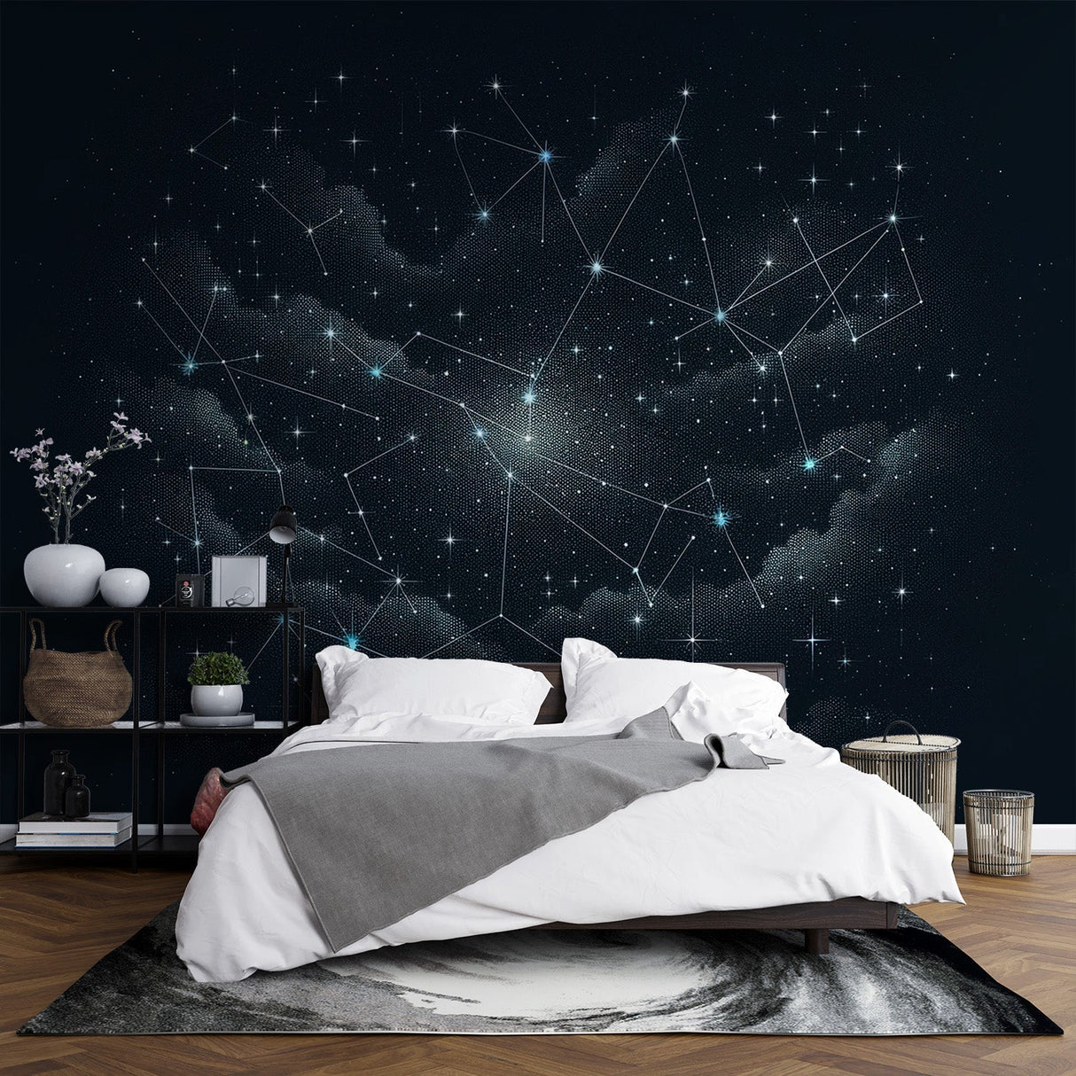 Constellation wallpaper creating a cozy atmosphere in a modern bedroom, with soft lighting highlighting the star patterns