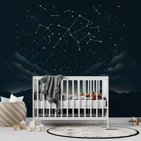 Constellation wallpaper with mountain silhouettes creating a cozy atmosphere in a modern bedroom with soft lighting