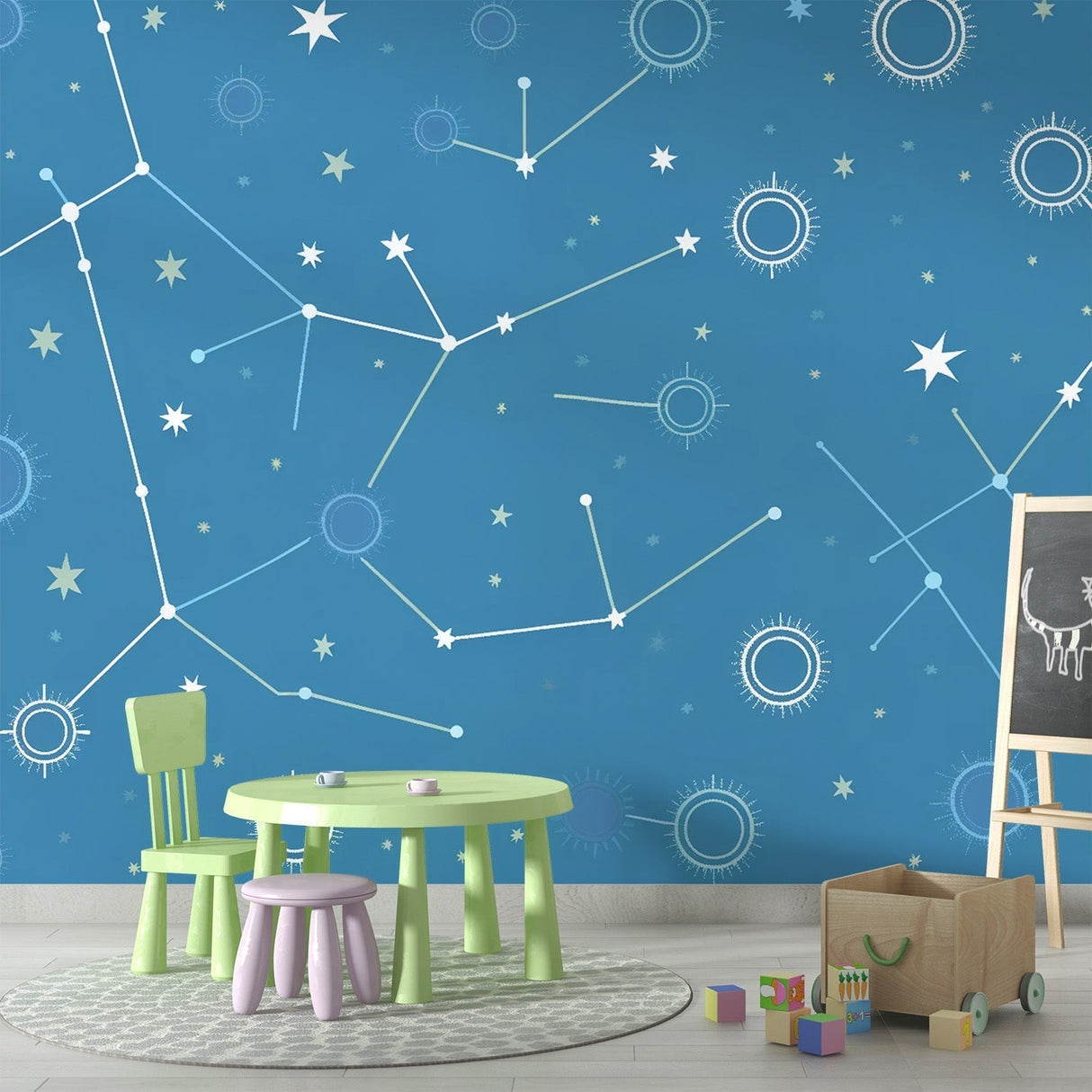 Constellation wallpaper creating a magical atmosphere in a modern kid's bedroom with soft blue star patterns