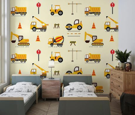 Construction vehicle wallpaper in modern playroom with yellow dump trucks and cranes creating fun learning space