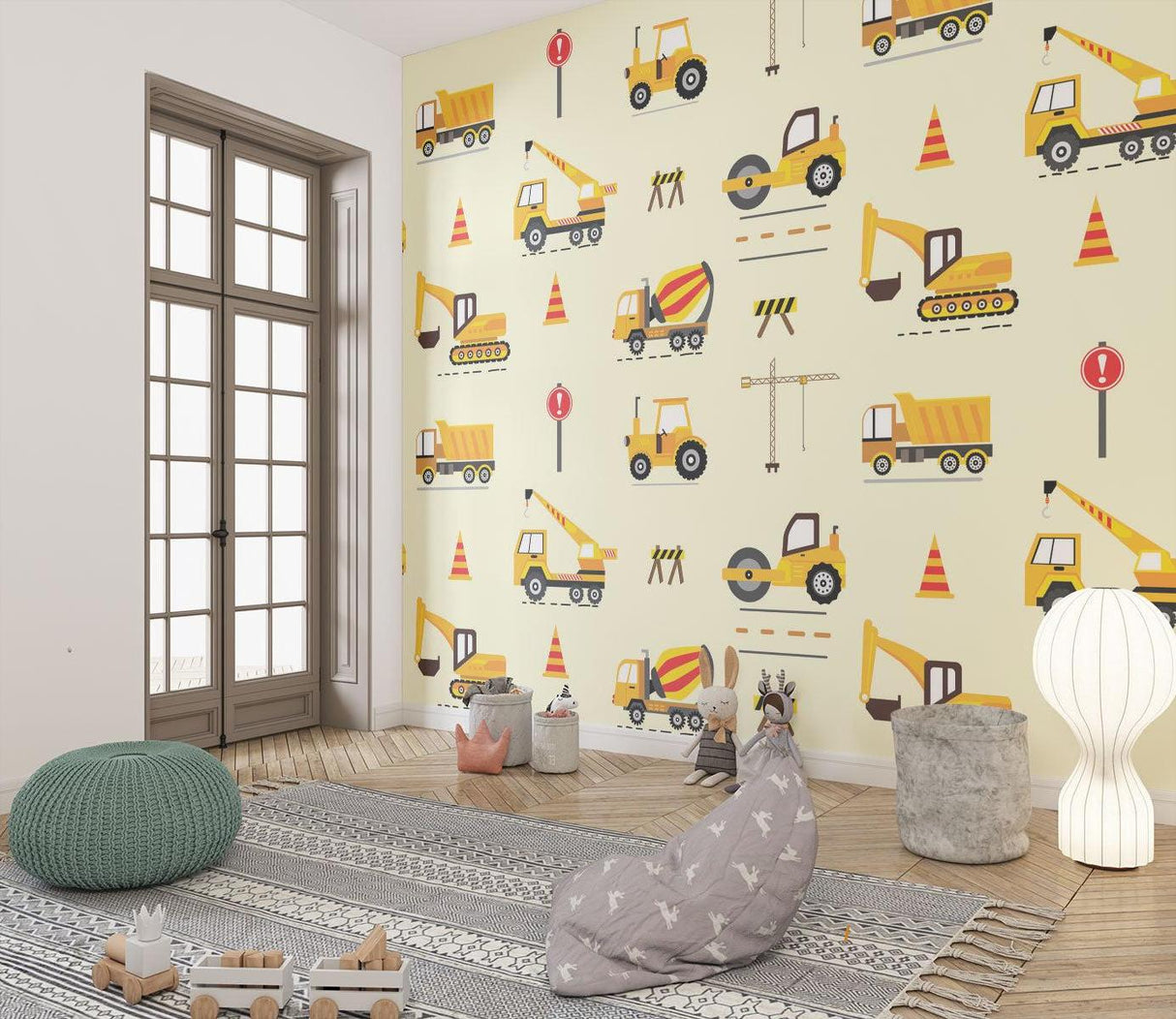 Kids bedroom featuring construction site wallpaper with cheerful yellow vehicles and safety signs