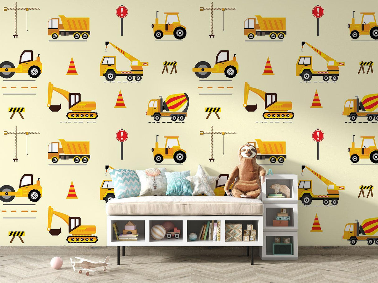 Construction truck wallpaper bringing life to nursery with bright yellow machinery pattern