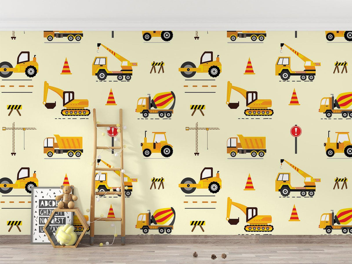 Children's study corner with construction vehicle pattern showing detailed machinery designs