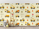 Children's study corner with construction vehicle pattern showing detailed machinery designs