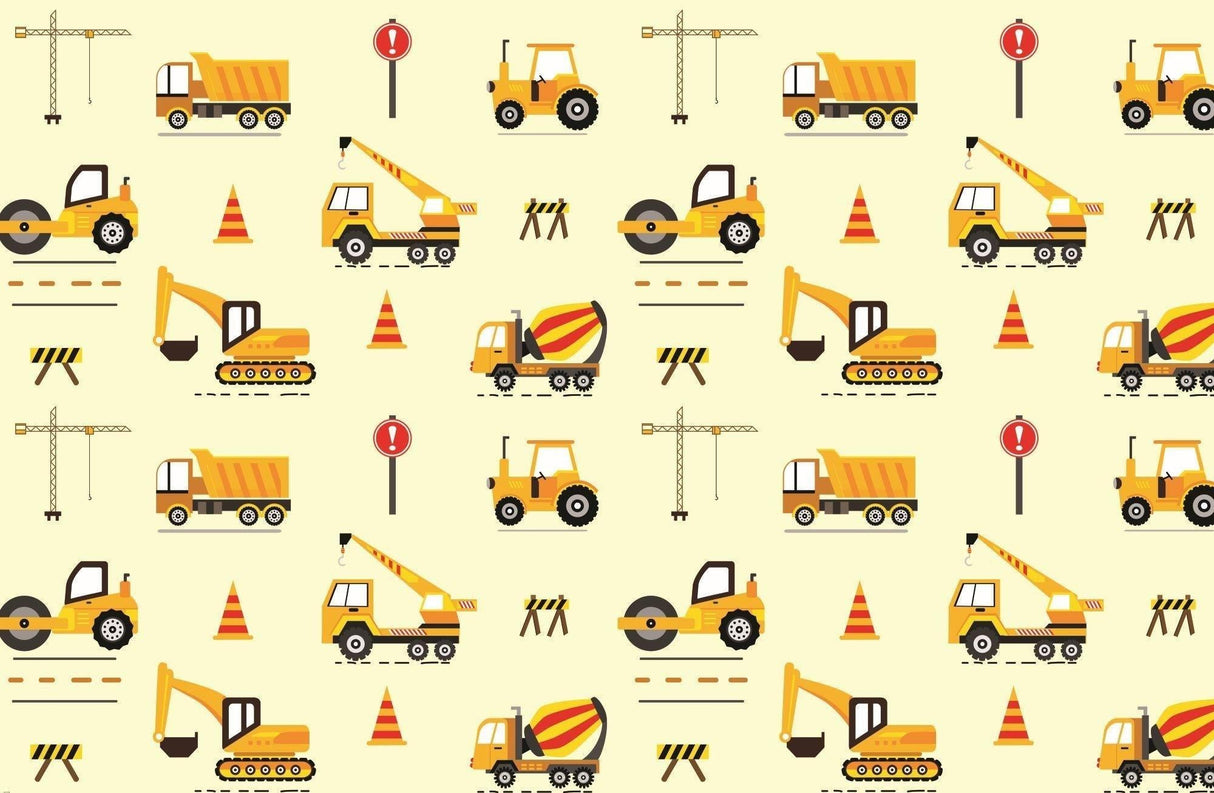 Construction vehicle pattern design file showing yellow trucks, cranes, and safety signs on cream background