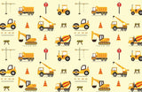 Construction vehicle pattern design file showing yellow trucks, cranes, and safety signs on cream background
