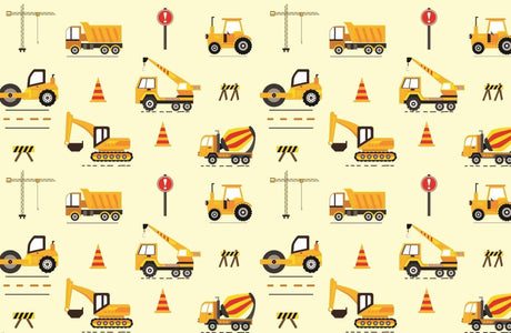 Construction vehicle pattern design file showing yellow trucks, cranes, and safety signs on cream background