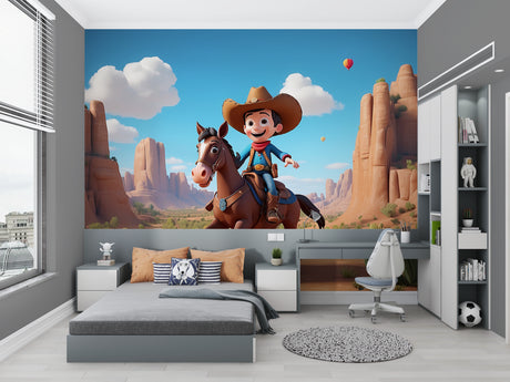 Western desert wallpaper bringing adventure to a modern kids bedroom, showing playful cowboy theme